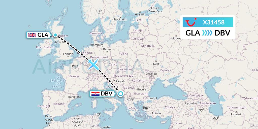 X31458 TUI fly Germany Flight Map: Glasgow to Dubrovnik