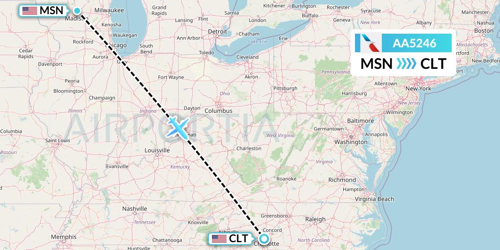 AA5246 American Airlines Flight Map: Madison to Charlotte