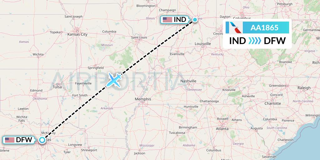 AA1865 American Airlines Flight Map: Indianapolis to Dallas