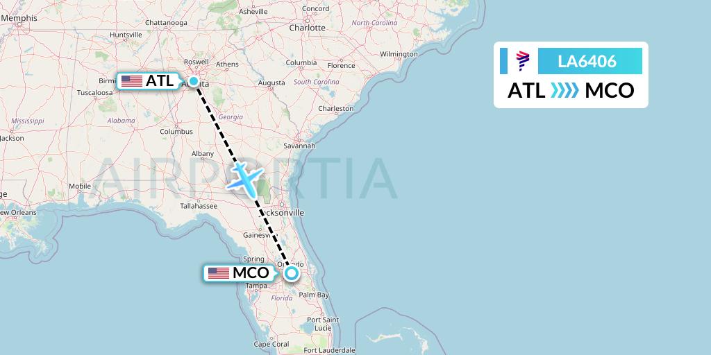 LA6406 LAN Airlines Flight Map: Atlanta to Orlando