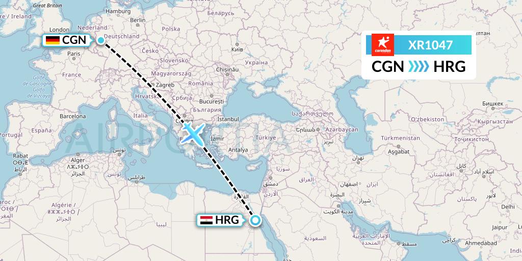 XR1047 Corendon Airlines Europe Flight Map: Cologne to Hurghada