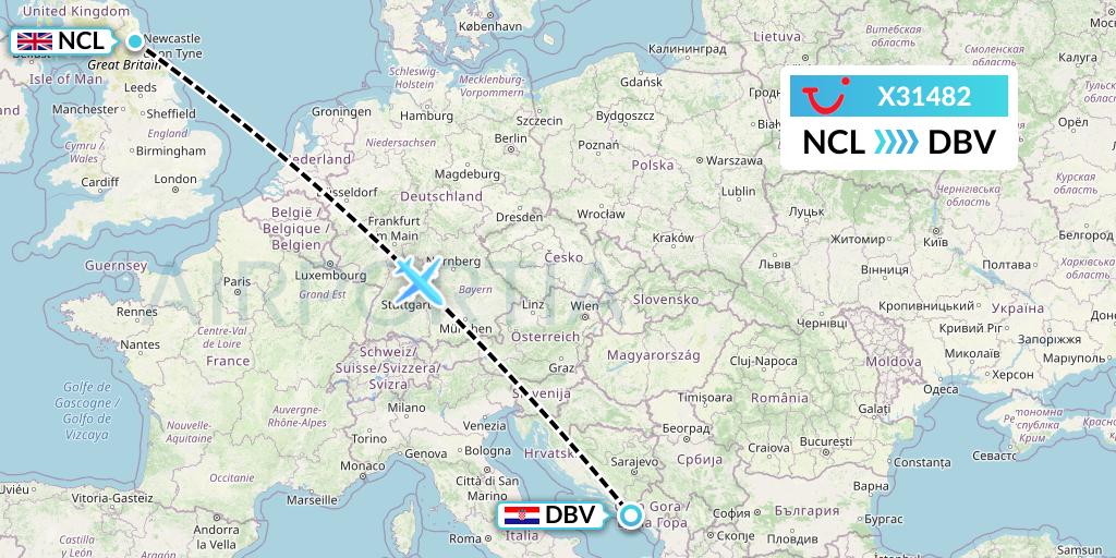 X31482 TUI fly Germany Flight Map: Newcastle to Dubrovnik