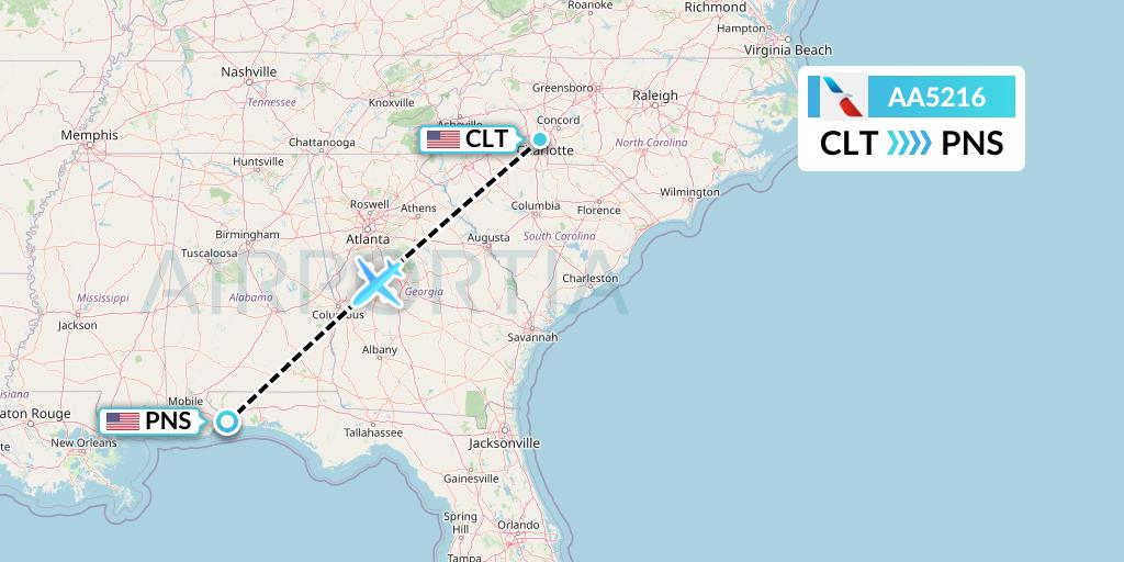 AA5216 American Airlines Flight Map: Charlotte to Pensacola