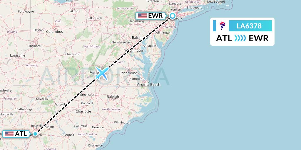 LA6378 LAN Airlines Flight Map: Atlanta to New York