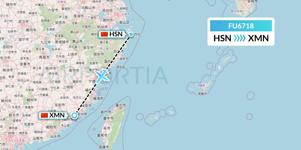 FU6718 Fuzhou Airlines Flight Map: Zhoushan to Xiamen