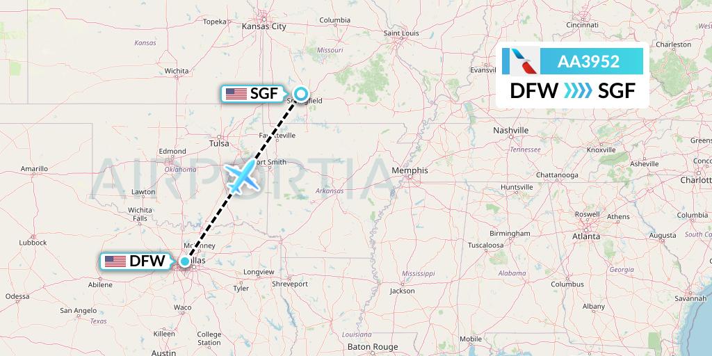 AA3952 American Airlines Flight Map: Dallas to Springfield