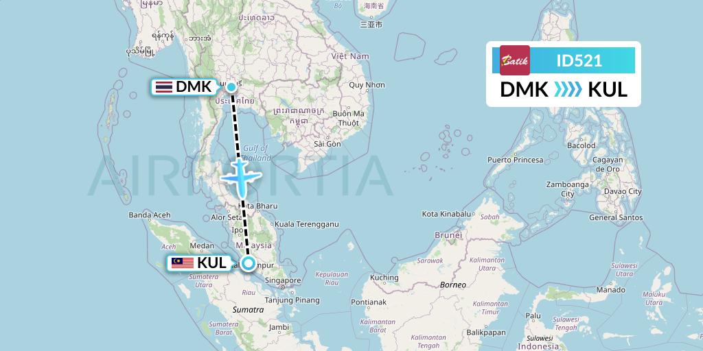 ID521 Batik Air Flight Map: Bangkok to Kuala Lumpur