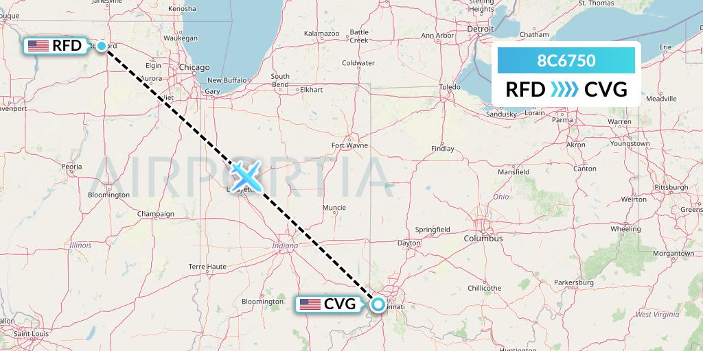 8C6750 Air Transport International Flight Map: Chicago to Cincinnati