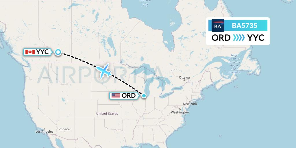 BA5735 British Airways Flight Map: Chicago to Calgary