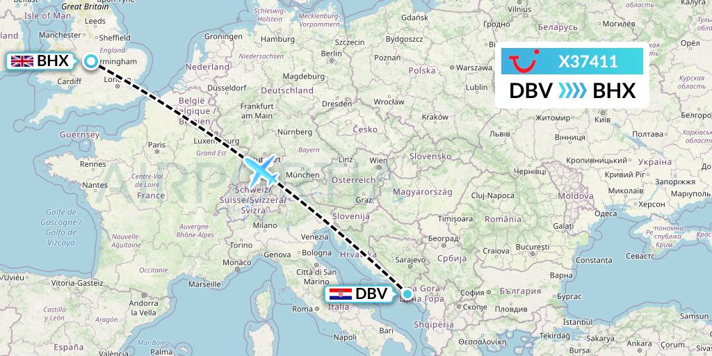 X37411 TUI fly Germany Flight Map: Dubrovnik to Birmingham