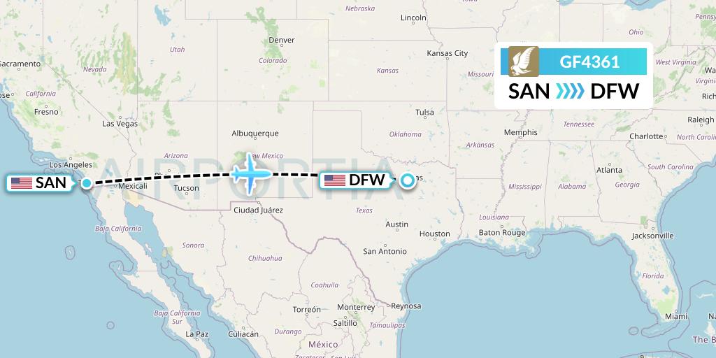 GF4361 Gulf Air Flight Map: San Diego to Dallas