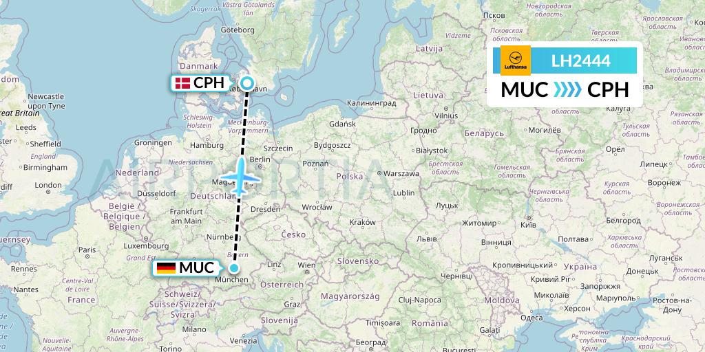 LH2444 Lufthansa Flight Map: Munich to Copenhagen