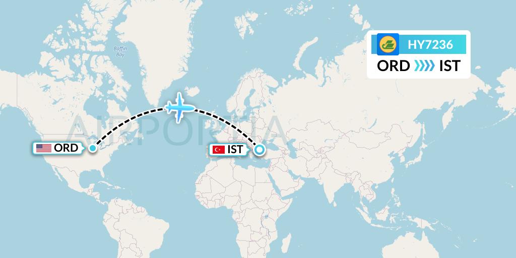 HY7236 Uzbekistan Airways Flight Map: Chicago to Istanbul