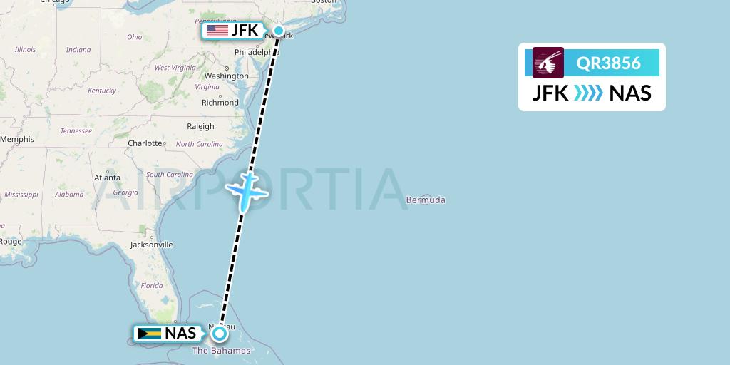 QR3856 Qatar Airways Flight Map: New York to Nassau