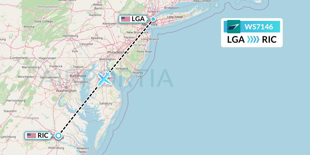WS7146 WestJet Flight Map: New York to Richmond
