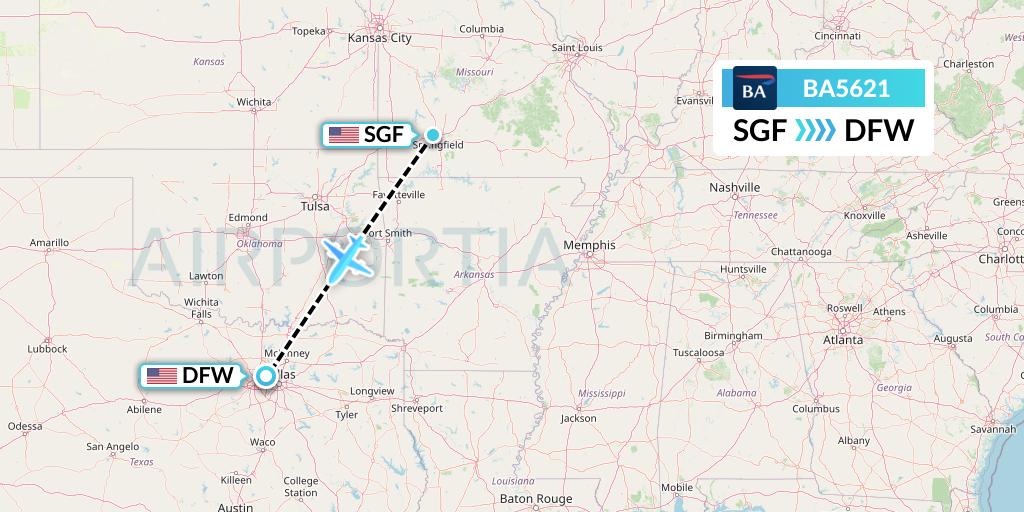 BA5621 British Airways Flight Map: Springfield to Dallas