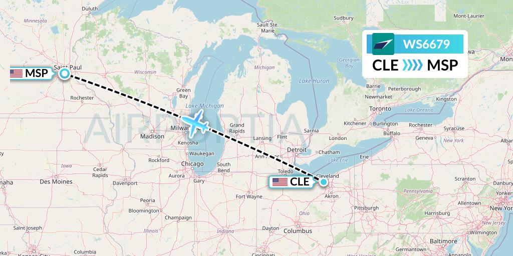 WS6679 WestJet Flight Map: Cleveland to Minneapolis