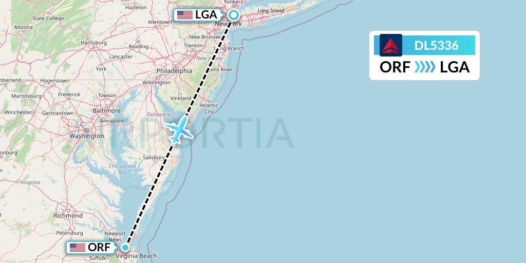 DL5336 Delta Air Lines Flight Map: Norfolk to New York