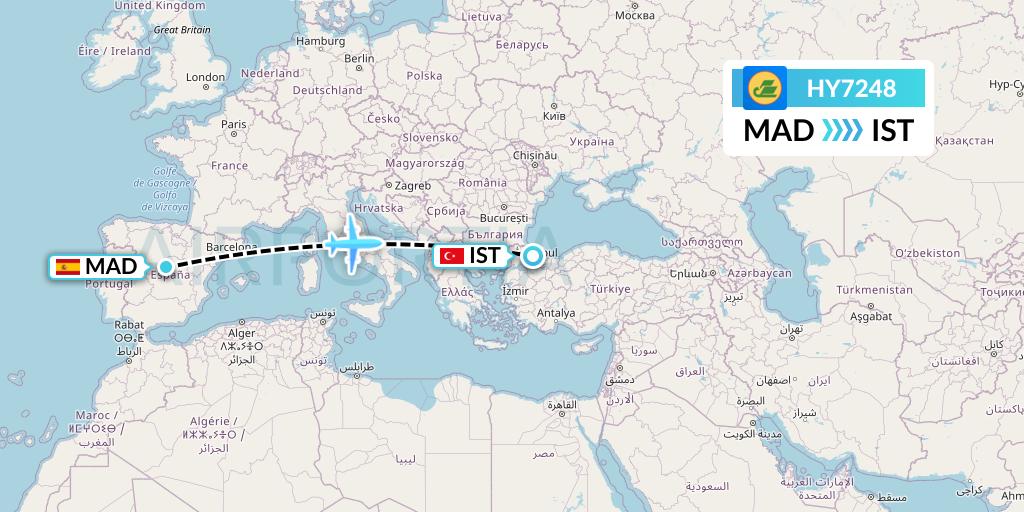 HY7248 Uzbekistan Airways Flight Map: Madrid to Istanbul