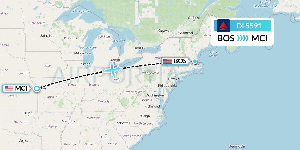 DL5591 Delta Air Lines Flight Map: Boston to Kansas City