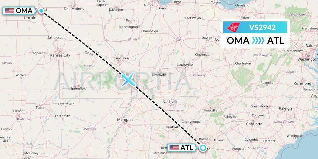 VS2942 Virgin Atlantic Airways Flight Map: Omaha to Atlanta