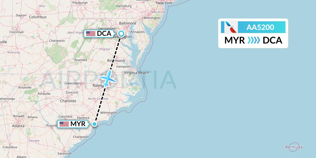 AA5200 American Airlines Flight Map: Myrtle Beach to Washington