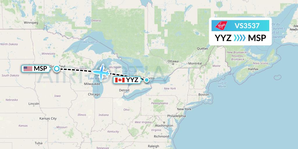 VS3537 Virgin Atlantic Airways Flight Map: Toronto to Minneapolis