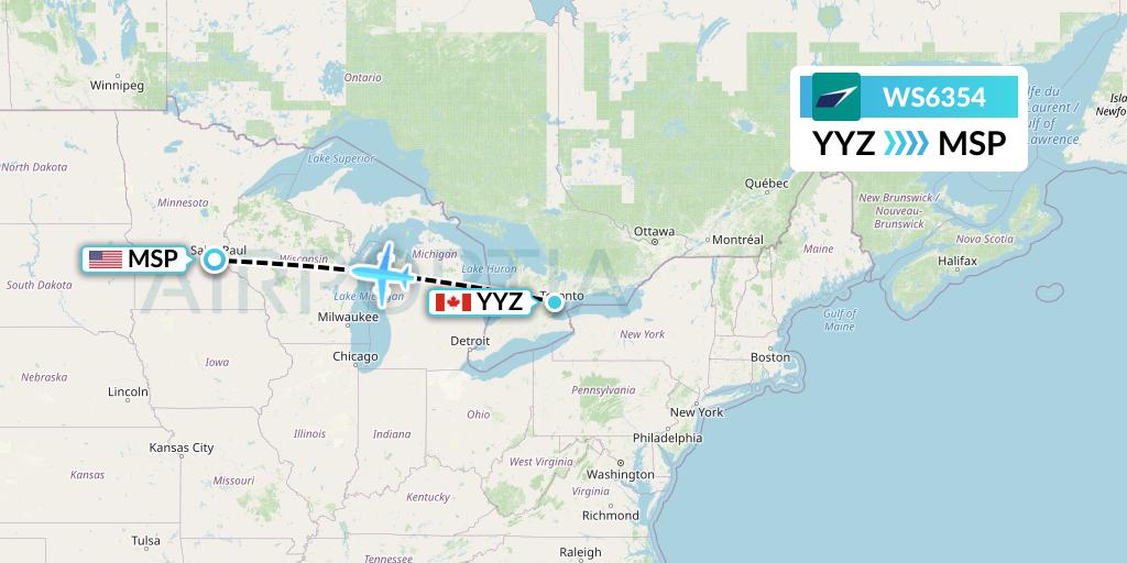 WS6354 WestJet Flight Map: Toronto to Minneapolis