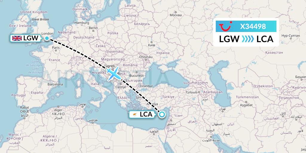 X34498 TUI fly Germany Flight Map: London to Larnaca