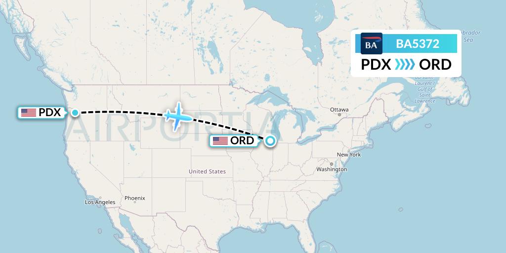 BA5372 British Airways Flight Map: Portland to Chicago
