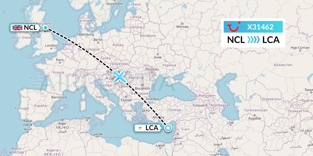 X31462 TUI fly Germany Flight Map: Newcastle to Larnaca