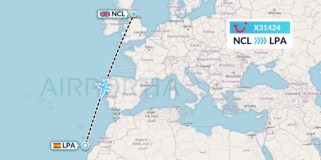 X31424 TUI fly Germany Flight Map: Newcastle to Las Palmas