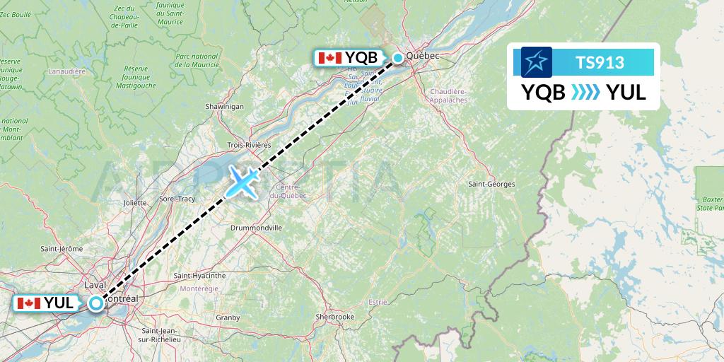 TS913 Air Transat Flight Map: Quebec to Montreal