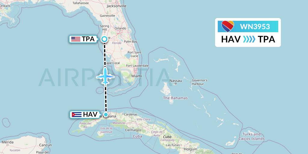 WN3953 Southwest Airlines Flight Map: Havana to Tampa