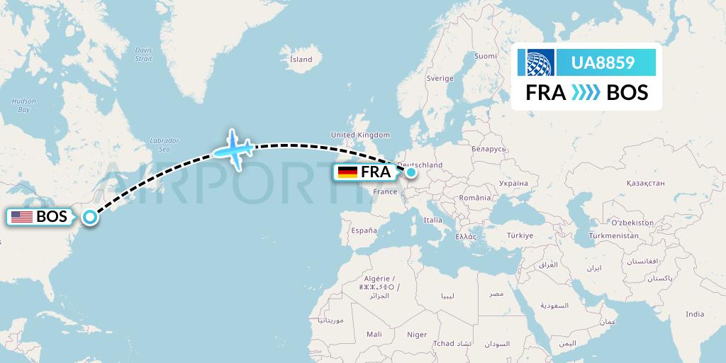 UA8859 United Airlines Flight Map: Frankfurt to Boston