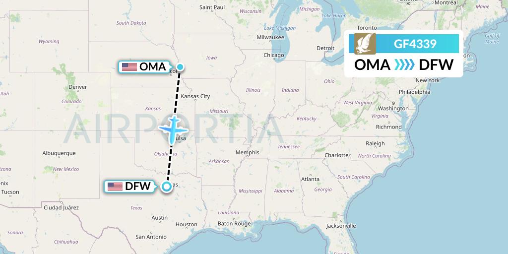 GF4339 Gulf Air Flight Map: Omaha to Dallas