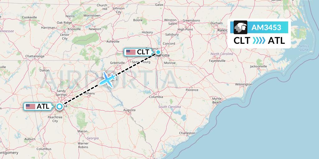 AM3453 Aeromexico Flight Map: Charlotte to Atlanta