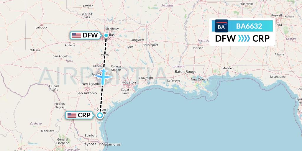 BA6632 British Airways Flight Map: Dallas to Corpus Christi