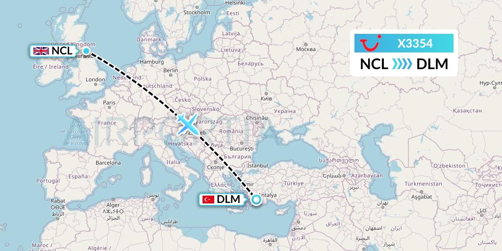 X3354 TUI fly Germany Flight Map: Newcastle to Dalaman