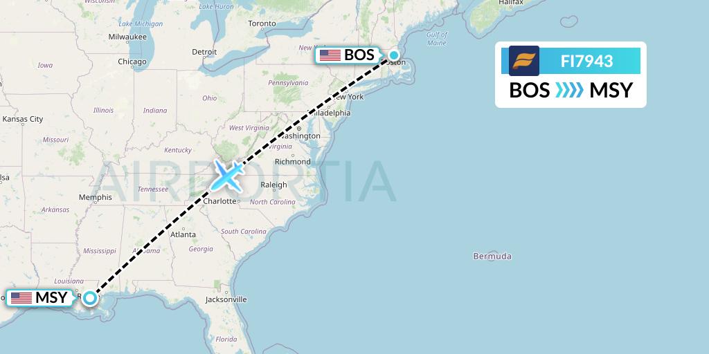 FI7943 Icelandair Flight Map: Boston to New Orleans