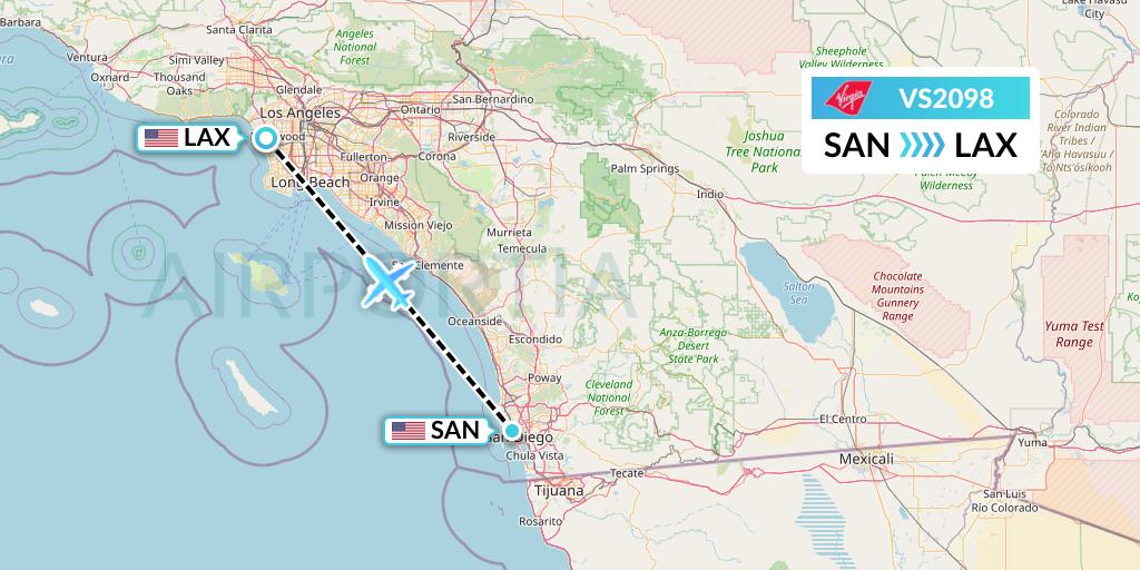 VS2098 Virgin Atlantic Airways Flight Map: San Diego to Los Angeles