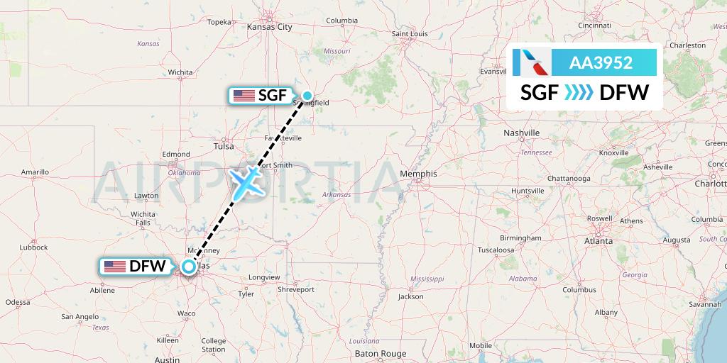 AA3952 American Airlines Flight Map: Springfield to Dallas