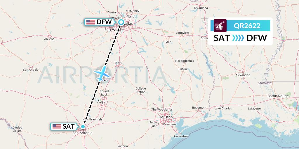 QR2622 Qatar Airways Flight Map: San Antonio to Dallas