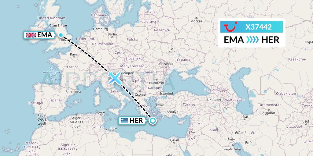 X37442 TUI fly Germany Flight Map: East Midlands to Heraklion