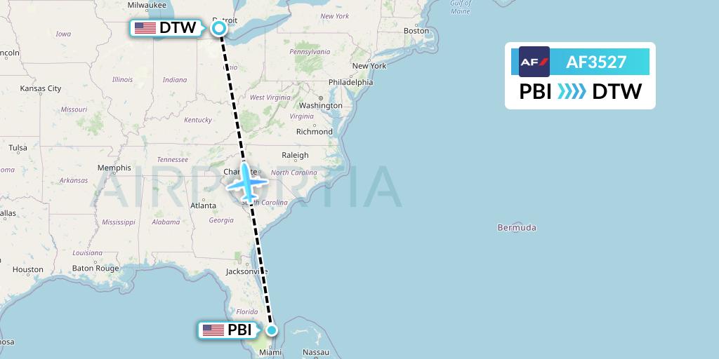 AF3527 Air France Flight Map: West Palm Beach to Detroit