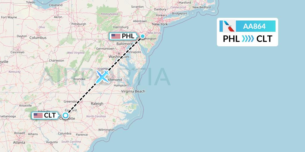 AA864 American Airlines Flight Map: Philadelphia to Charlotte