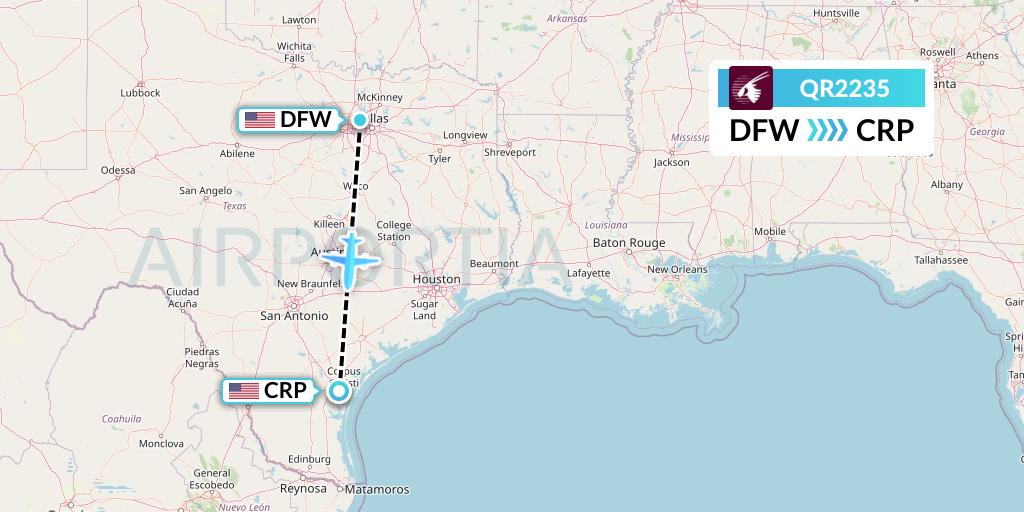 QR2235 Qatar Airways Flight Map: Dallas to Corpus Christi
