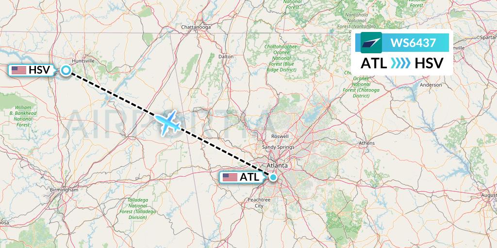 WS6437 WestJet Flight Map: Atlanta to Huntsville