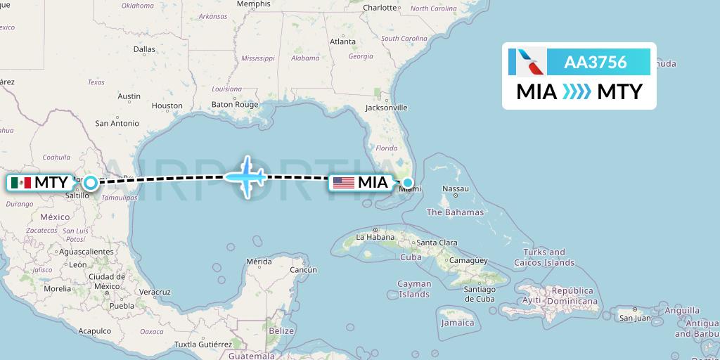 AA3756 American Airlines Flight Map: Miami to Monterrey