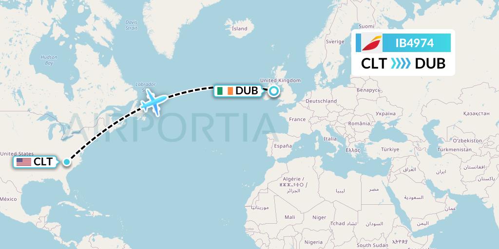 IB4974 Iberia Flight Map: Charlotte to Dublin